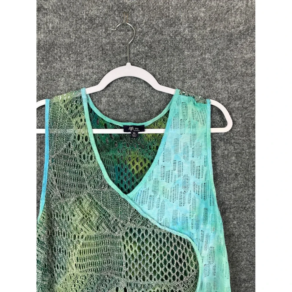 Lily by Firatoglu Tunic Tank Women XL Green Blue Excellent Crochet Sharkbite Hem - Picture 2 of 12
